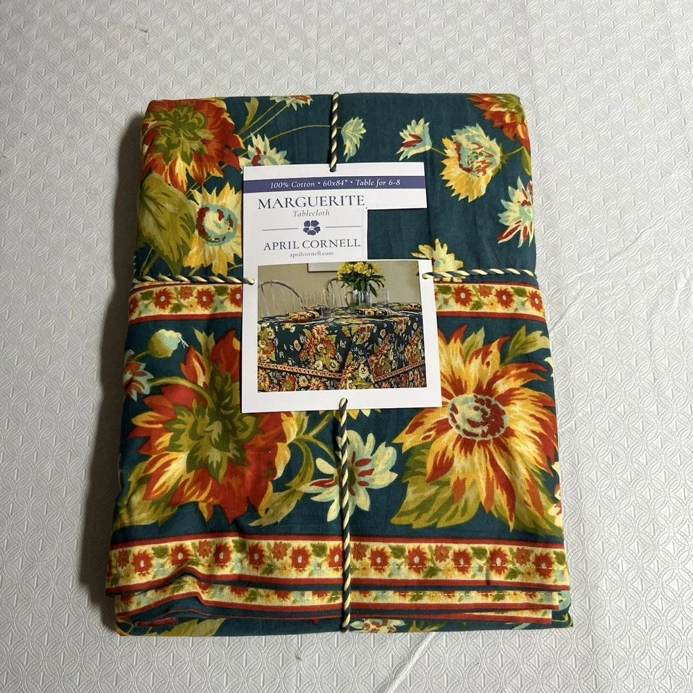 APRIL CORNELL - MARGUERITE - TEAL GOLD ORANGE FLORAL - 60 x 84  TABLECLOTH  NEW